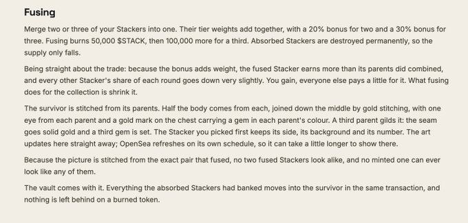 A screenshot of a project description titled "Fusing" that details mechanics for merging two or three Stackers into one, with weight bonuses (20% for two, 30% for three), a burning fee of 50,000 $STACK plus 100,000 for a third, and visual traits like gold stitching down the middle seam, one eye from each parent, and a gold chest mark carrying gems in each parent's color—directly supporting the post's comparison to the MAYC drop, with the note that 220 Fused Stackers have been created.
