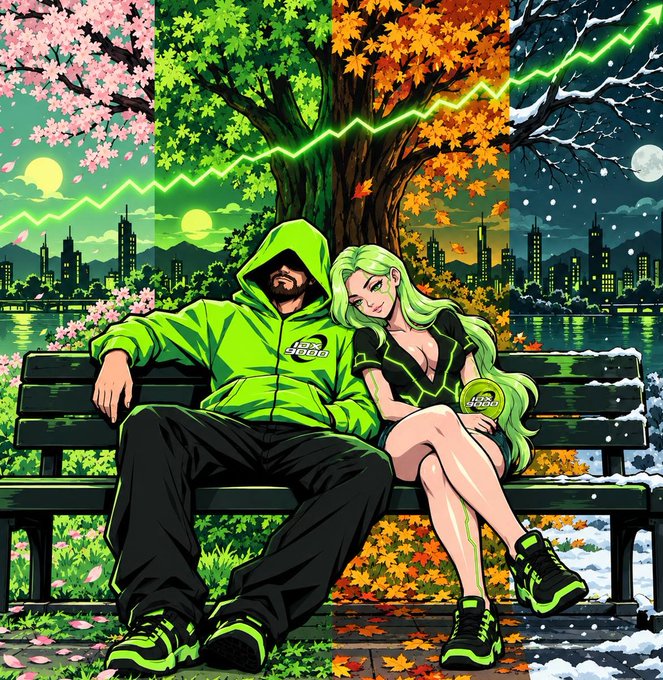 An anime-style digital illustration depicts a hooded man in a green hoodie and a green-haired woman sitting on a bench, set against a background divided into four seasons (spring cherry blossoms, summer greenery, autumn leaves, and winter snow) with a city skyline and lightning.