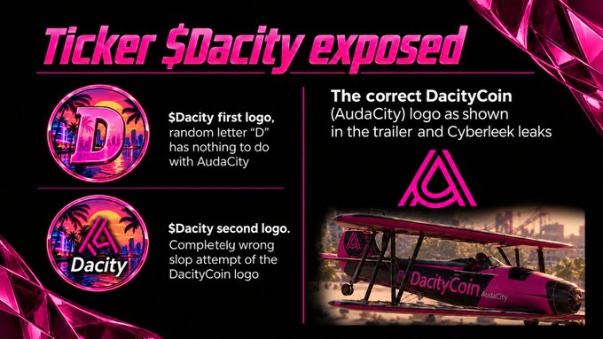 A black and hot-pink infographic titled “Ticker $Dacity exposed” compares two proposed DacityCoin logos, with text stating that the first logo’s “D” has nothing to do with AudaCity and the second is a “completely wrong slop attempt.”