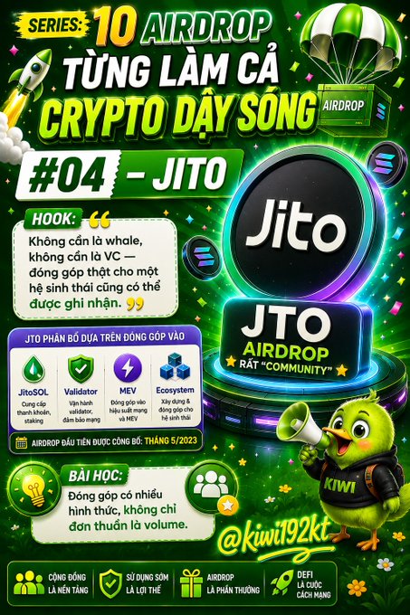 A vibrant Vietnamese promotional poster titled 'TỪNG LÀM CÁ CRYPTO DÀY SÓNG #04 - JITO' advertising a JTO airdrop series, featuring a cartoon kiwi mascot, Jito and JTO logos, and informational graphics about JitoSOL, MEV, and ecosystem contributions.