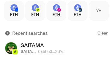 A cryptocurrency search interface showing recent ETH token searches and "SAITAMA" (SAITA...) as a recent search result.