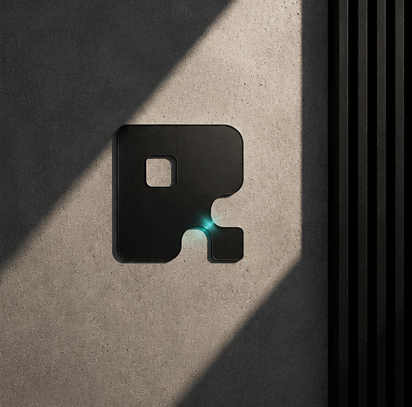 A minimalist 3D render of a black stylized 'F' logo mounted on a textured concrete wall with dramatic lighting casting sharp shadows.