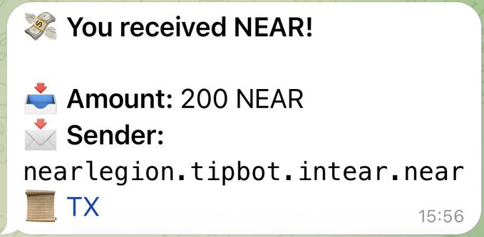 A chat message notification showing 'You received NEAR!' with Amount: 200 NEAR from sender 'nearlegion.tipbot.intear.near', tagged as a tip transaction.