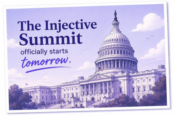 A purple-tinted promotional poster for "The Injective Summit" showing an illustrated U.S. Capitol building with text reading "officially starts tomorrow."