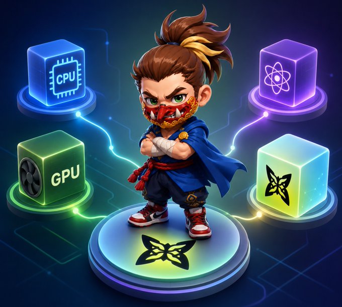 A stylized cartoon warrior character with a red mask and blue cape stands on a platform surrounded by glowing cubes labeled 'CPU', 'GPU', and other tech icons.
