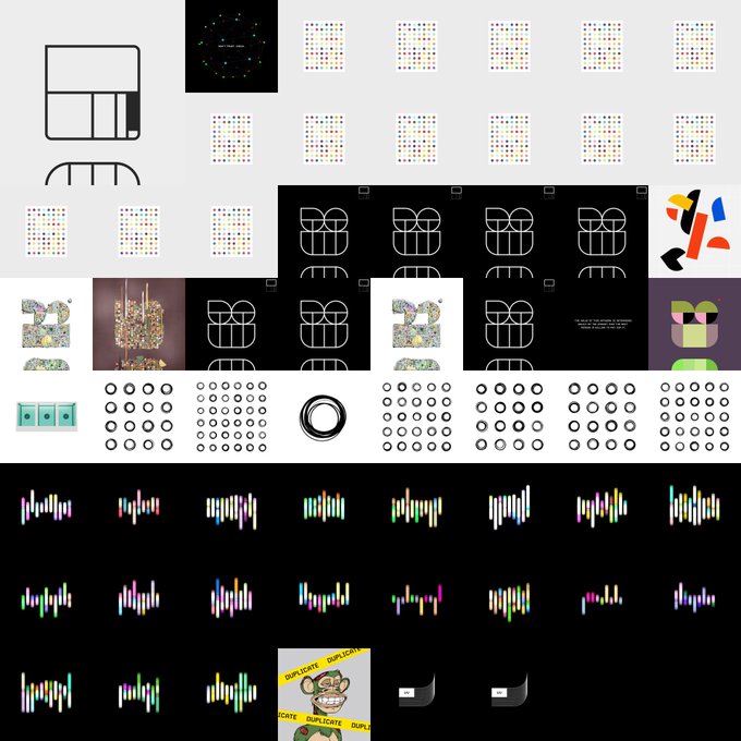 A collage of abstract graphic design elements, including a black 'B' letterform, a colorful glass chandelier, soundwave patterns, dot grids, and a 'DUPLICATE' warning tape featuring a monkey.