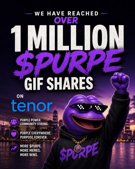 A celebratory graphic announces "WE HAVE REACHED OVER 1 MILLION $PURPE GIF SHARES ON tenor," featuring a purple Pepe-style character wearing "deal with it" sunglasses, a gold chain, and a "$PURPE" hoodie, raising a triumphant fist against a city skyline backdrop. The image visually reinforces the milestone announcement with supporting slogans like "PURPLE POWER. COMMUNITY STRONG," "PURPLE EVERYWHERE. PURPOSE FOREVER," and "MORE $PURPE. MORE MEMES. MORE WINS."
