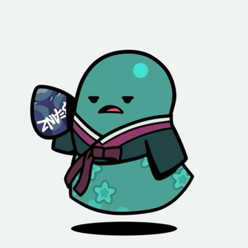 A cartoon illustration of a teal, blob-like character with a bored expression, wearing dark clothing and a red tie, holding up a dark blue mask with Korean text '재벌' (Chaebol).
