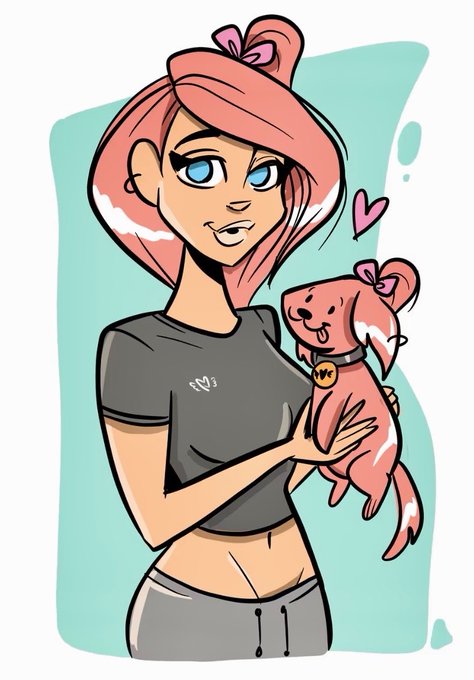 A cartoon illustration of a smiling woman with pink hair holding a happy pink dog, with a small heart floating between them.