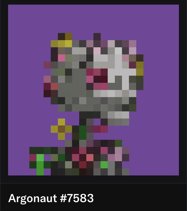 A pixel art NFT titled "Argonaut #7583" displayed on a purple background, depicting a stylized gray helmet with colorful accents on a platform.