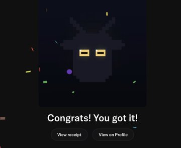 A success screen displays a pixelated gray character with yellow eyes surrounded by confetti, celebrating a free NFT mint with the text "Congrats! You got it!" and buttons to "View receipt" or "View on Profile," confirming the user just minted the Cashmere Labs NFT mentioned in the post.