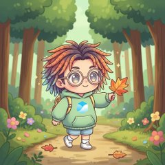 A chibi-style cartoon of a character with multicolored hair and glasses in a green hoodie walking through an autumn forest holding a leaf.