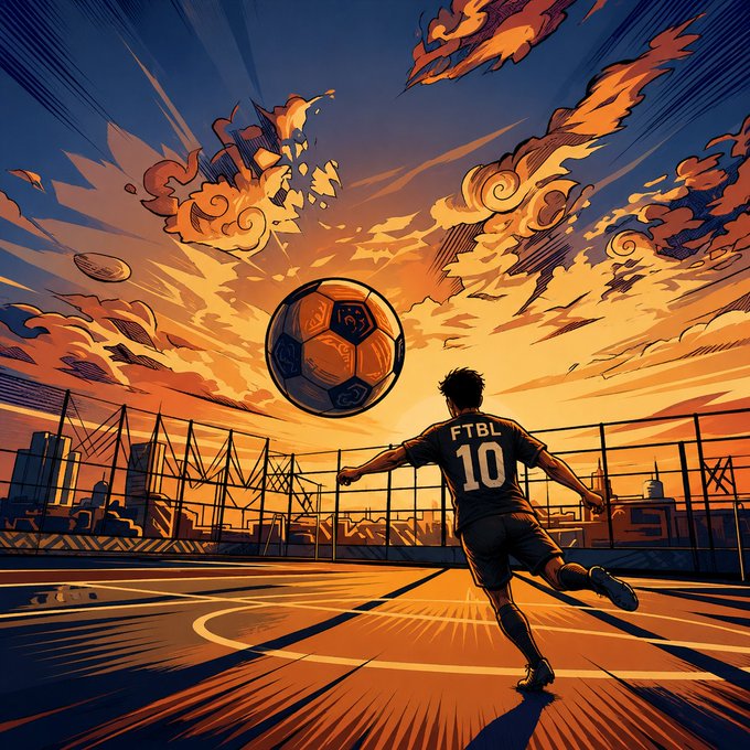A soccer player wearing a "FTBL 10" jersey kicks a ball on an outdoor court at sunset, fitting the "Football" NFT theme promoted on OpenSea. The dramatic illustration captures the energy and motion of the sport.
