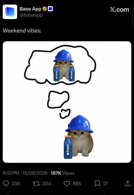The image shows a tweet from Base App (@baseapp) captioned "Weekend vibes:" featuring a meme of a cat wearing a blue hard hat thinking about itself with floaties labeled "base." The post has 187K views, 865 likes, 239 replies, 204 retweets, and 21 bookmarks, while the accompanying comment promotes $BASECAT as an under 2m market cap "crime coin" ready to pump.