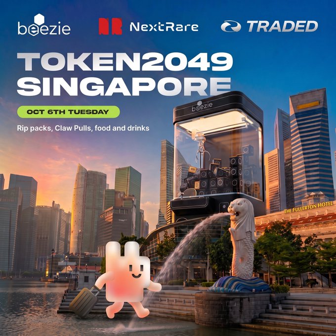 Promotional artwork for "TOKEN2049 SINGAPORE" event on October 6th Tuesday, featuring the Merlion statue with a Beezie claw machine and a small pink mascot character with luggage, set against the Singapore skyline.