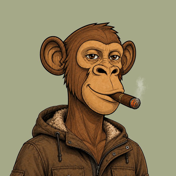 Stylized cartoon illustration of a chimpanzee wearing a brown shearling-lined hoodie and smoking a cigar with smoke rising, set against a muted olive background.