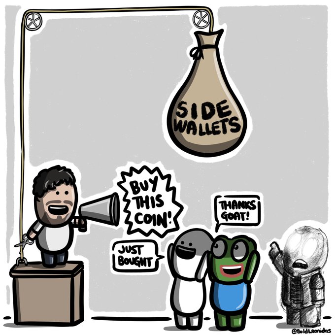 A cartoon depicting a man with a megaphone shouting 'BUY THIS COIN!' at a 'SIDE WALLETS' money bag hanging from a gallows, while several crypto characters observe, with one exclaiming 'JUST BOUGHT' and another 'THANKS GOAT!'.