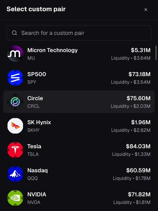 A "Select custom pair" menu displays tokenized stock options including Micron Technology ($5.31M), SP500 ($73.18M), Circle ($75.60M), SK Hynix ($1.96M), Tesla ($84.03M), Nasdaq ($60.59M), and NVIDIA ($71.82M) with their respective liquidity figures. The image illustrates PumpFun's new feature allowing coins to be paired with tokenized stocks like TSLA and NVDA, while the post critiques the relatively modest liquidity backing these new pairings.