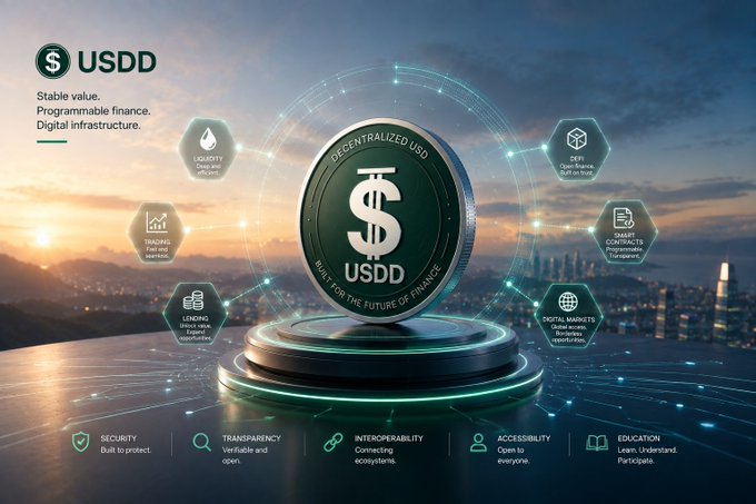 Promotional graphic for USDD stablecoin highlighting features like liquidity, DeFi, trading, lending, smart contracts, and digital markets, with central badge reading 'Decentralized USD USDD - Built for the future of finance.'