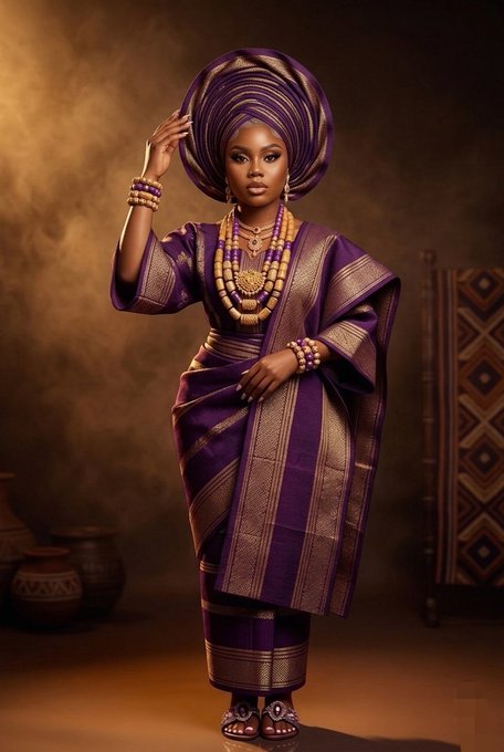 A woman wearing a purple and gold traditional Nigerian outfit with a matching gele headwrap and coral bead jewelry strikes an elegant pose in a warmly lit setting. The image evokes the festive, regal spirit of an owambe celebration, fitting the post's theme while the user's focus remains on watching the $ANSEM ticker.