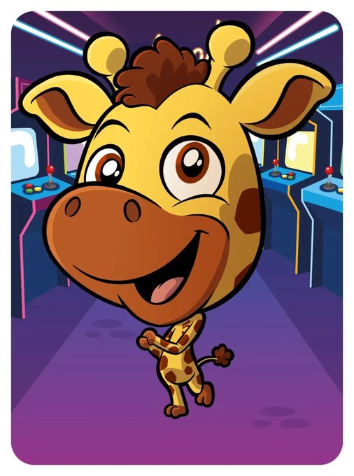 A cartoon illustration of a smiling, spotted giraffe character standing in an arcade setting with neon lighting and game cabinets.