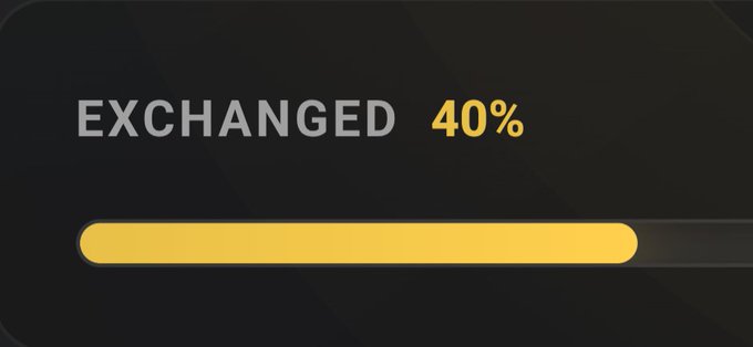 A progress bar graphic on a black background displays 'EXCHANGED 40%' with a partially filled yellow loading bar.
