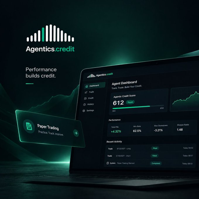 A promotional graphic for 'Agentics.credit' features the tagline 'Performance builds credit.' and showcases a laptop displaying an Agent Dashboard with a credit score of 612, alongside a 'Paper Trading' card.