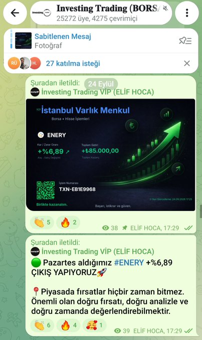 A Telegram channel 'Investing Trading (BORS)' showing posts from 'IInvesting Trading VIP (ELIF HOCA)' about the stock 'ENERY' with a +6.89% gain from İstanbul Varlık Menkul, including trade recommendations and QR code TXN-EB1E9998.