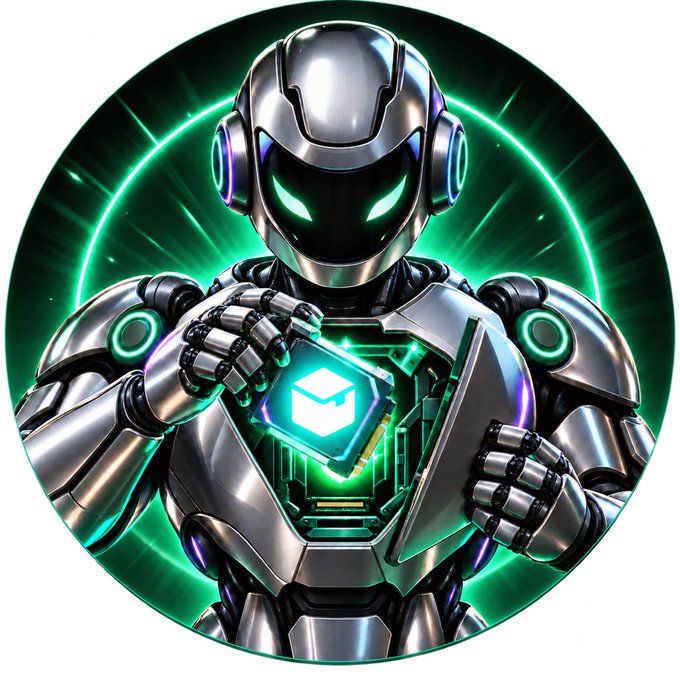 A futuristic metallic robot with glowing green eyes and neon accents opens its chest cavity to reveal a glowing cube with the letter "F," symbolizing the AI-powered, self-sustaining nature of the SelfMade token agent. The cyberpunk design reflects the token's innovative use of creator fees to autonomously purchase GPU hardware.