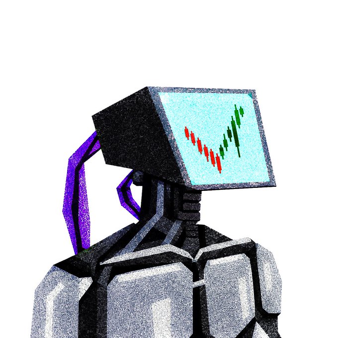 A stylized drawing of a robotic figure whose monitor head displays a financial candlestick chart with red and green bars.