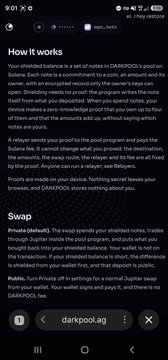A dark-mode Instagram post by 'darkpoo1.g' explaining how DARKPOOL works on Solana, detailing private swap mechanics for trading shielded tokens.