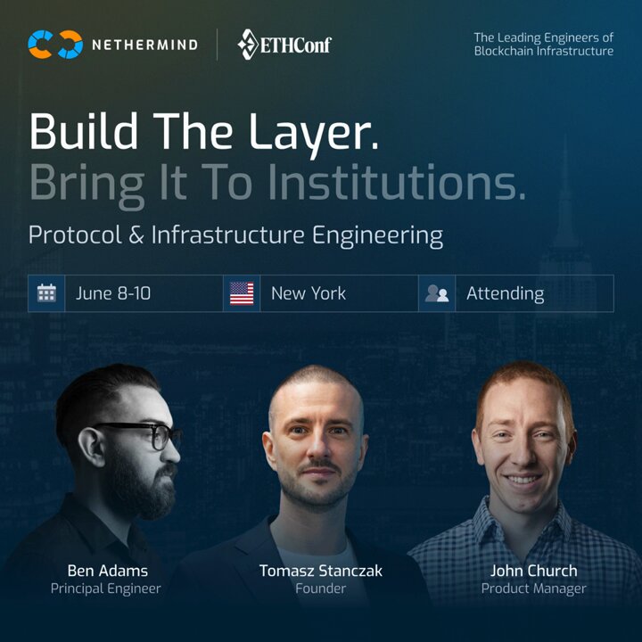 The image features a poster for an event called "Build The Layer, Bring It To Institutions". There are three men depicted on the poster, each representing different institutions or roles related to Ethereum. They are shown smiling and looking at the camera, showcasing their enthusiasm about the event. The poster also includes information about the date of the event, which is scheduled for June 8-10.