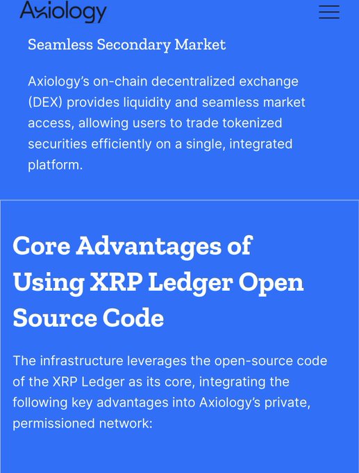 An Axiology webpage section detailing how their platform uses XRP Ledger's open-source code to create a permissioned network for tokenized securities, featuring sections titled "Seamless Secondary Market" and "Core Advantages of Using XRP Ledger Open Source Code," highlighting their on-chain decentralized exchange (DEX) for trading tokenized securities.