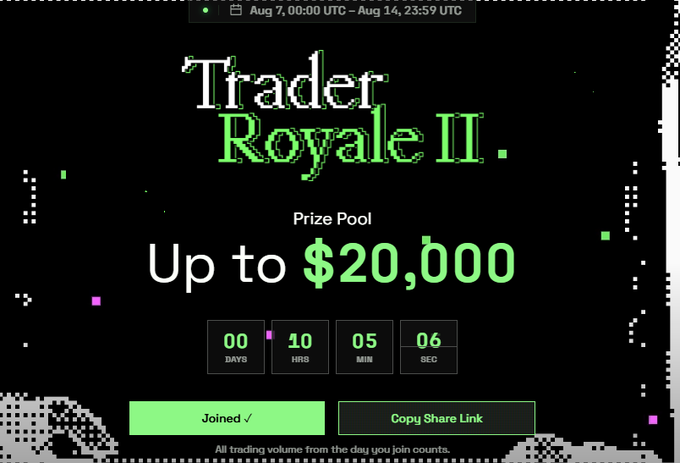 A promotional screen for 'Trader Royale II' offering a prize pool 'Up to $20,000' with a countdown timer showing 00 days, 10 hours, 05 minutes, 06 seconds, and a 'Joined' status.