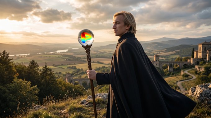 A blonde-haired figure in a black cloak stands atop a windswept hill overlooking a medieval valley, holding a staff topped with a swirling, multicolored orb—evoking the role of a sage or mage observing a vast landscape, much like an analyst surveying the deep and sometimes arcane territory of Curve Finance's DeFi ecosystem.