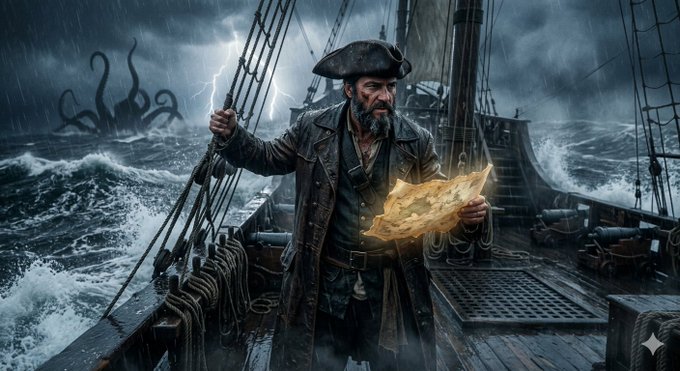 The image features a pirate ship with a man wearing a hat holding a map or treasure map while standing on top of the ship. The pirate has a sword, and there are tentacles coming out of the water behind him. In the background, there is an octopus that appears to be floating in the ocean. The post includes a caption about the new week beginning, which suggests that it's time for the pirate to continue his Crypto journey through baseapp.