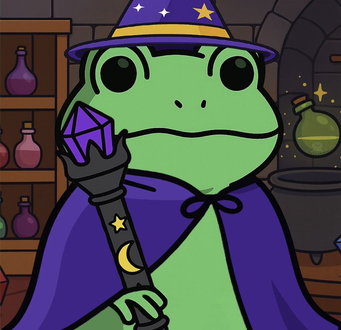 A cartoon illustration of a green frog wearing a purple wizard hat with yellow stars and a matching cape, holding a black staff topped with a purple crystal, set in a wizard's room with potion bottles and a cauldron.