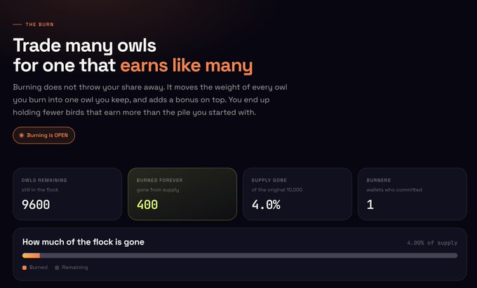 A dashboard titled 'THE BURN' explaining how to trade many owls for one that earns like many, showing 9600 owls remaining, 400 burned forever, 4.0% supply gone, and 1 burner committed.