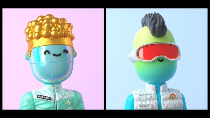 Two stylized 3D character figurines are displayed side by side: one in pink with a golden crown and the other in green with red ski goggles.