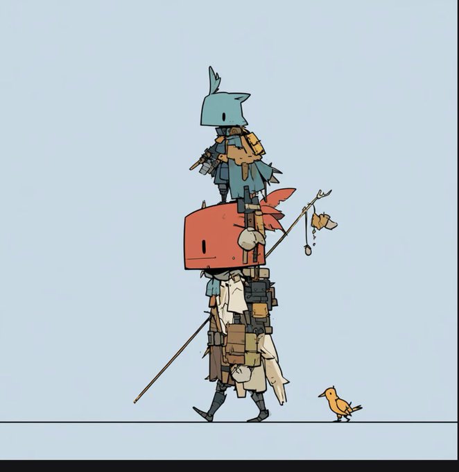 A whimsical illustration of two figures with large, blocky head coverings walking in a line, accompanied by a small yellow bird on a stick and another bird on the ground, against a light blue background.
