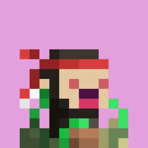 A low-resolution pixel art illustration of a character with a red bandana and green outfit against a pink background, resembling a retro video game sprite.