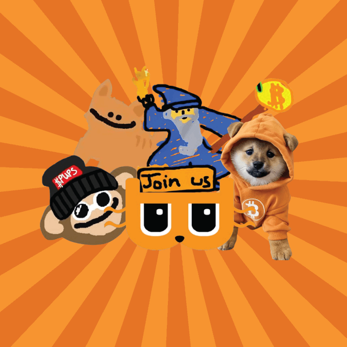 The image features a cartoon dog wearing an orange hoodie, with a monkey hat and a wizard hat as well. The background of the image has a gradient of orange and yellow colors, creating a warm and inviting atmosphere. In the center of the image, there is a text that reads "join us" written in white letters. This text seems to be related to the cartoon dog's outfit or the overall theme of the post.