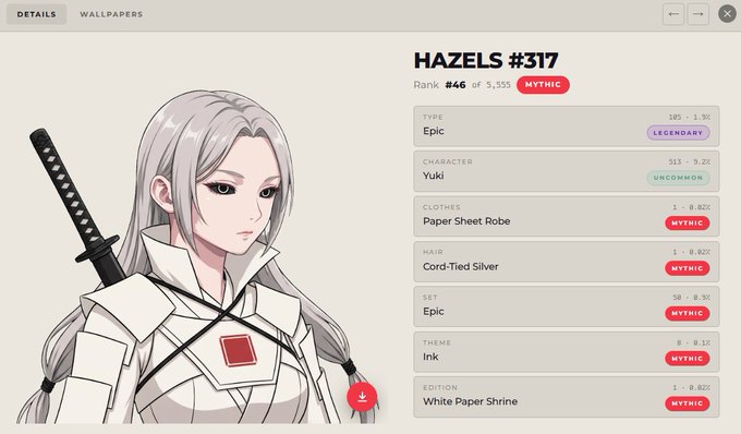 A digital character profile page for 'HAZELS #317', showing attributes like Type: Epic, Character: Yuki, and Theme: Ink with Mythic rarity rankings.