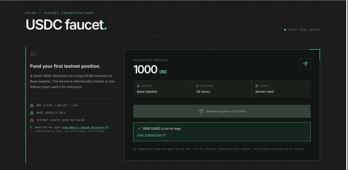 A dark-themed webpage for a 'USDC faucet' on the FUEL/SEPOLIA testnet infrastructure, offering 1000 USDC every 24 hours from Base Sepolia.