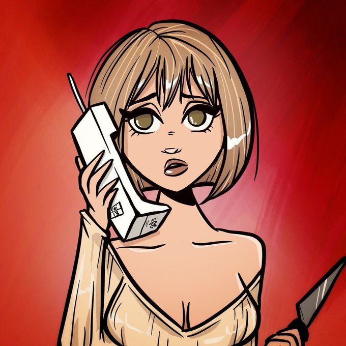 An anime-style illustration of a young woman with short brown hair holding a white flip phone to her ear, set against a dramatic red background.
