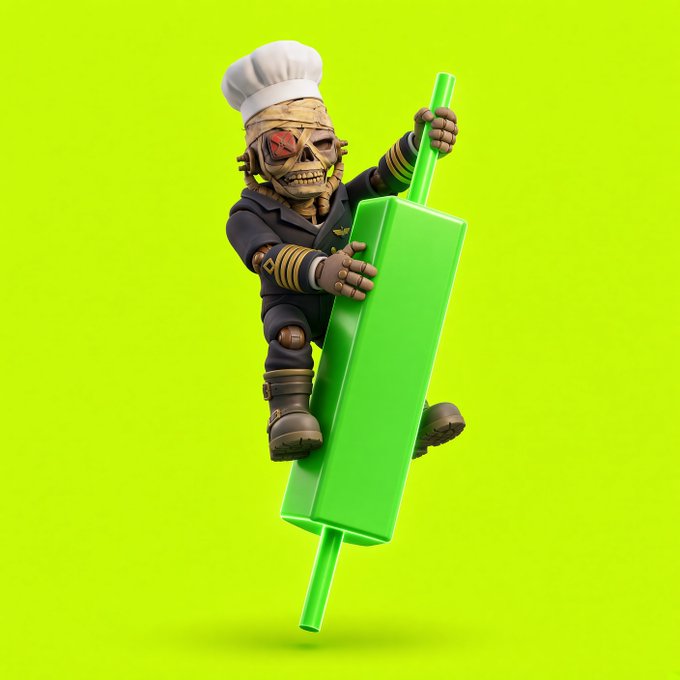 A 3D-rendered skeleton character wearing a chef's hat and dark blue sailor-style uniform rides a large green popsicle against a bright green-yellow background.