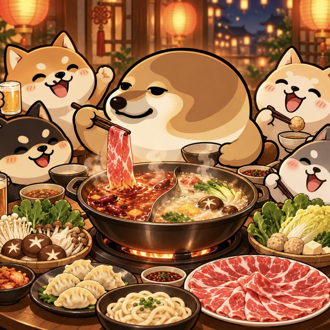 A colorful illustration shows several cartoon Shiba Inu dogs happily enjoying a hot pot feast, surrounded by sliced meat, dumplings, mushrooms, noodles, and vegetables with a lantern-lit backdrop.