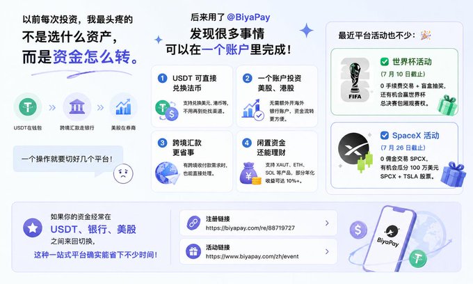 Promotional graphic for BiyaPay platform in Chinese, advertising the ability to exchange USDT to fiat, trade US stocks, cross-border currency exchange, and earn yields on idle funds, with FIFA World Cup and SpaceX event promotions.