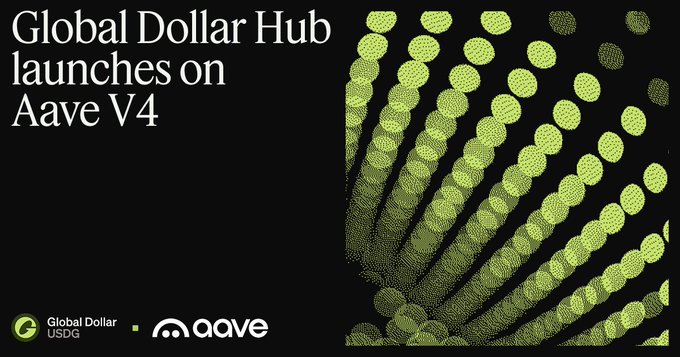 An announcement graphic reading 'Global Dollar Hub launches on Aave V4' featuring logos for Global Dollar (USDG) and Aave against a green dotted pattern.