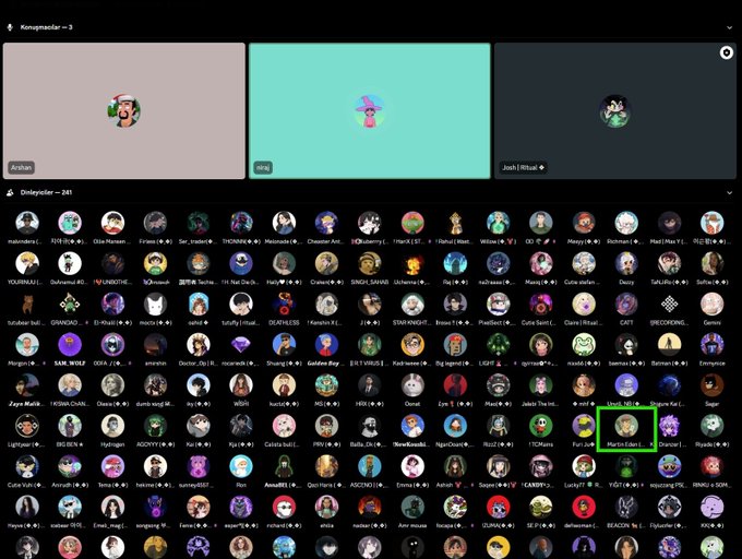 A Discord server interface showing video conference speakers at the top and a large grid of member avatars below, with one avatar highlighted by a green box.